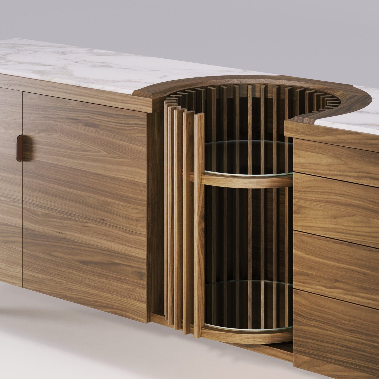 Elegant wooden carousel sideboard with rotating shelves.